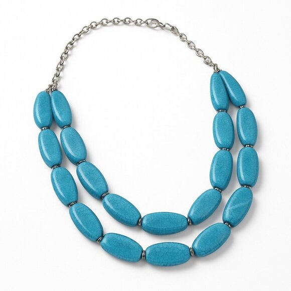 𝅺women's Vintage Turquoise Blue Beads with a Silver Tone Chain Antique Necklace - Picture 1 of 4